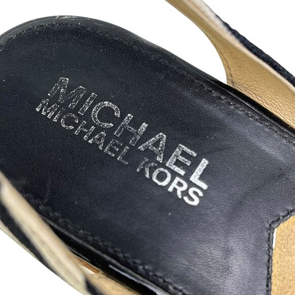 Michael Kors Wedge Woody Sandals Size 6.5 White Black Bow Ankle Strap - Picture 10 of 13